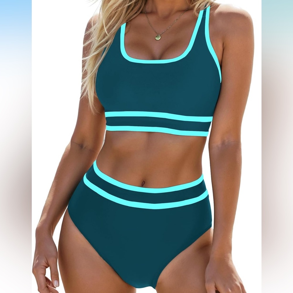 High Waisted Color Block Two Piece Swimsuit Blue Bikini Tankini